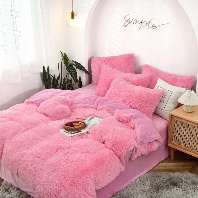 MorroMorn 5 PCS Shaggy Duvet Cover Bedding Set - Long Faux Fur Luxury Ultra Soft (Pink, King/California King) - Image 5